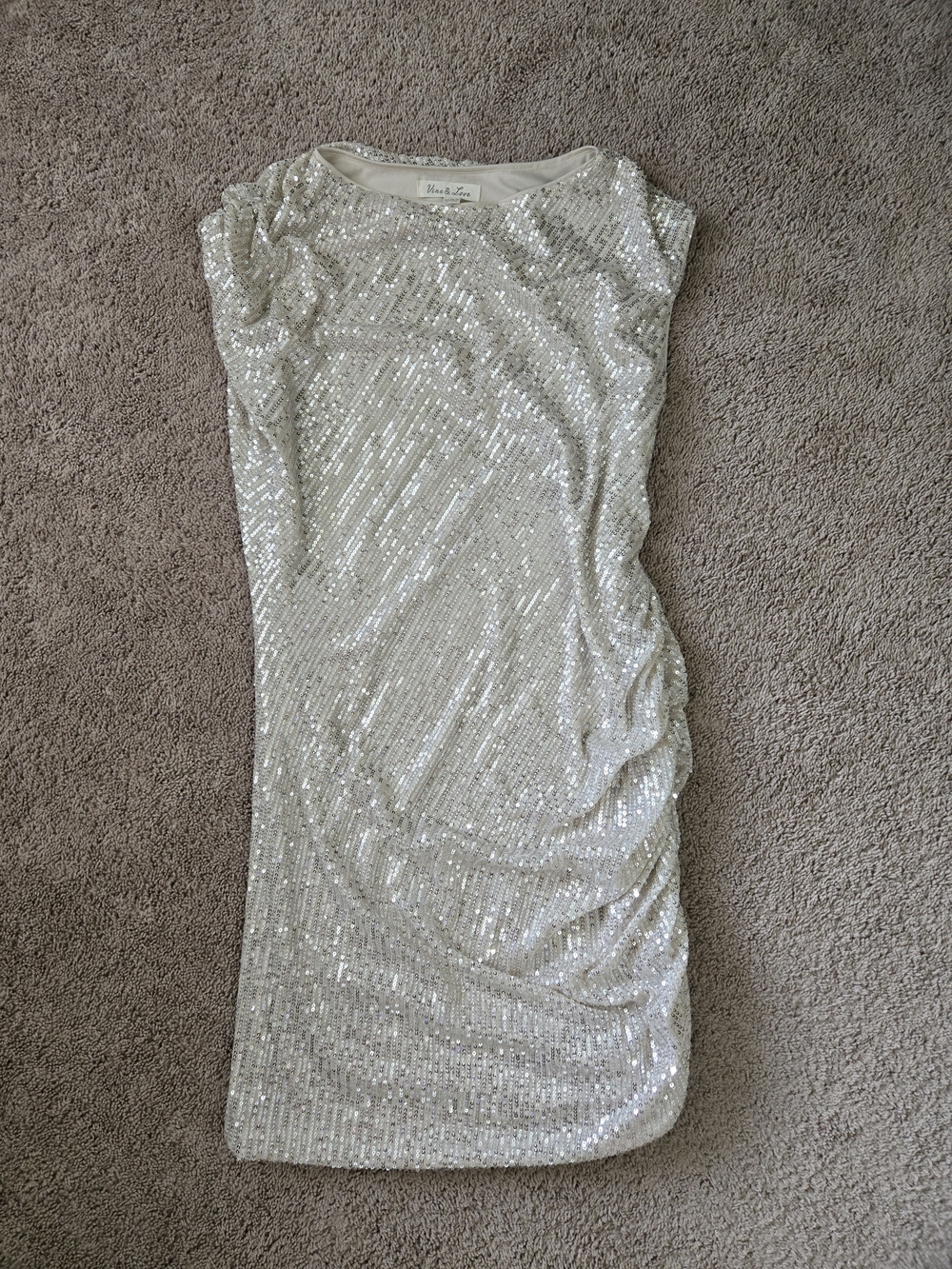 Vine & Love Sequin Boat Neck Shirred Mini Dress L